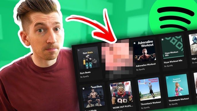 Ein Mann schaut fragend auf verschiedene Spotify-Playlists.